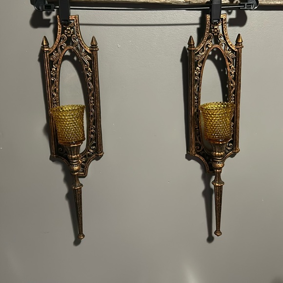 Vintage Dart Coppercraft MCM 70’s wall sconces amber glass votive candle holders - Picture 1 of 15